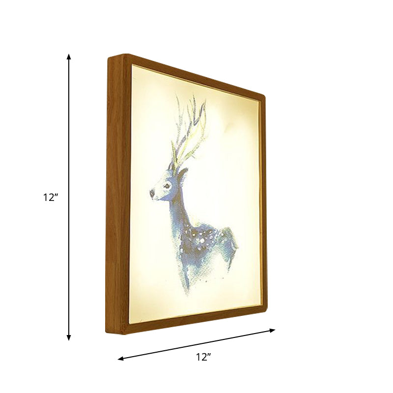 12"/16" Width Square Metallic Mural Lamp Minimalist LED Wood Wall Mounted Lighting with Deer Pattern