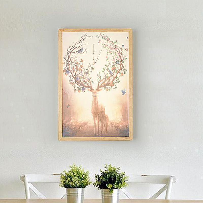 12"/16" Width Square Metallic Mural Lamp Minimalist LED Wood Wall Mounted Lighting with Deer Pattern