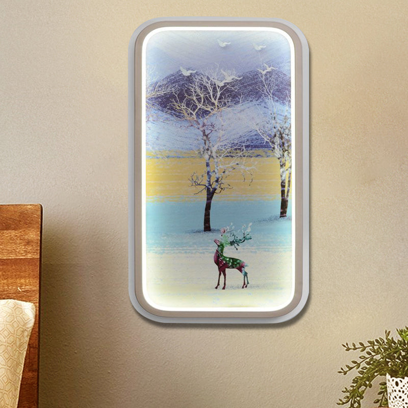 Yellow and Blue Rectangle Wall Lighting Fixture Contemporary Style LED Metal Mural Lamp with Elk and Tree Pattern