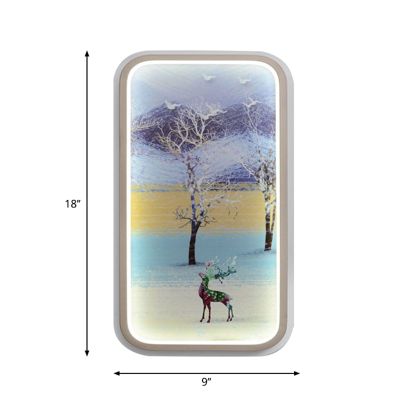 Yellow and Blue Rectangle Wall Lighting Fixture Contemporary Style LED Metal Mural Lamp with Elk and Tree Pattern