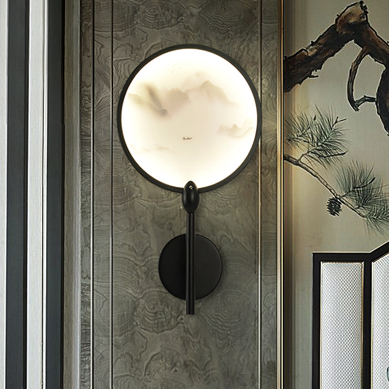 Chinese Style Circular Mountain Mural Light Acrylic LED Bedroom Sconce Light Fixture in Black