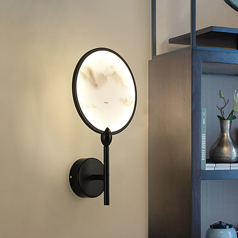 Chinese Style Circular Mountain Mural Light Acrylic LED Bedroom Sconce Light Fixture in Black