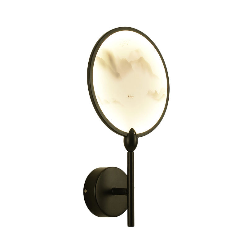 Chinese Style Circular Mountain Mural Light Acrylic LED Bedroom Sconce Light Fixture in Black