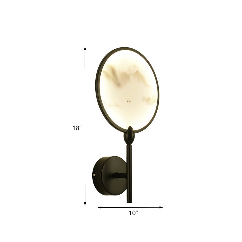 Chinese Style Circular Mountain Mural Light Acrylic LED Bedroom Sconce Light Fixture in Black