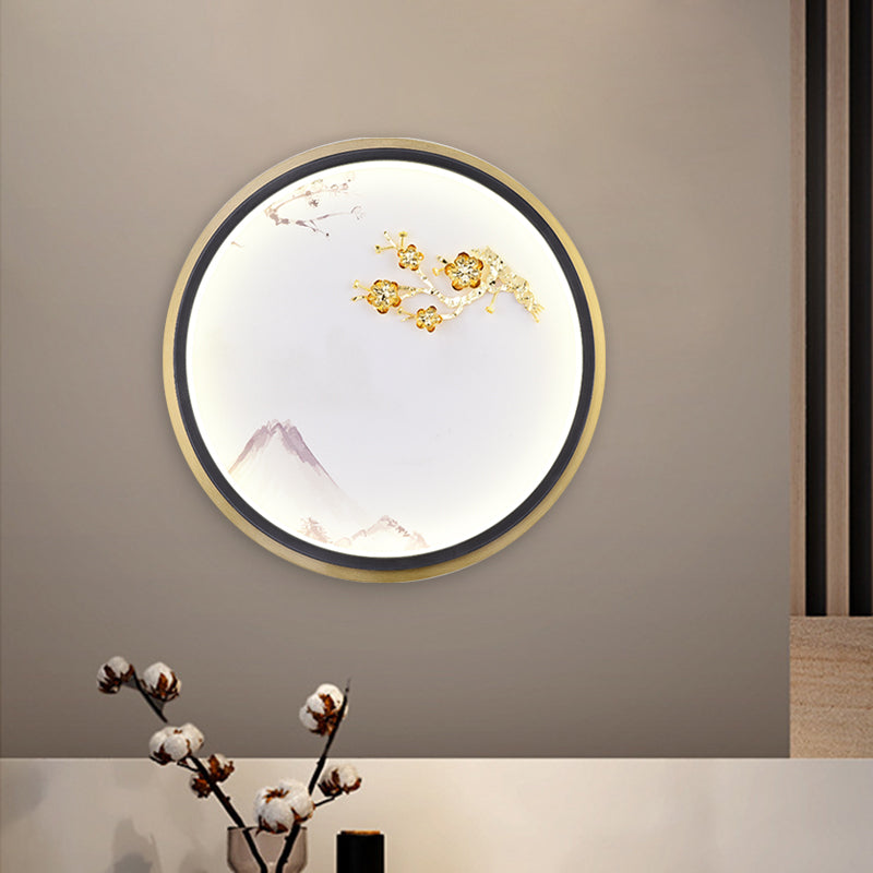 Metallic Rounded Plum Blossom Wall Lighting Oriental LED Mural Lamp in Gold for Hallway