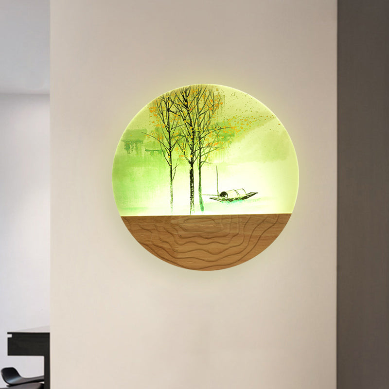 Luz de la pared redonda de pared de metal de 9.5 "/11" de ancho asiático de madera LED montada en pared de madera con patrón de botes y árboles