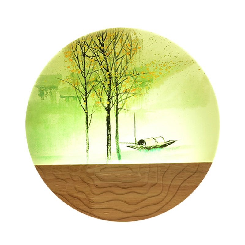 9.5"/11" Wide Metal Round Wall Mural Light Asia Style LED Wood Wall Mounted Lighting with Boat and Tree Pattern