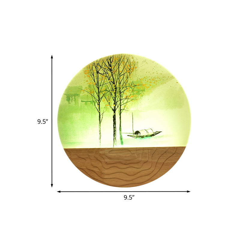 9.5"/11" Wide Metal Round Wall Mural Light Asia Style LED Wood Wall Mounted Lighting with Boat and Tree Pattern