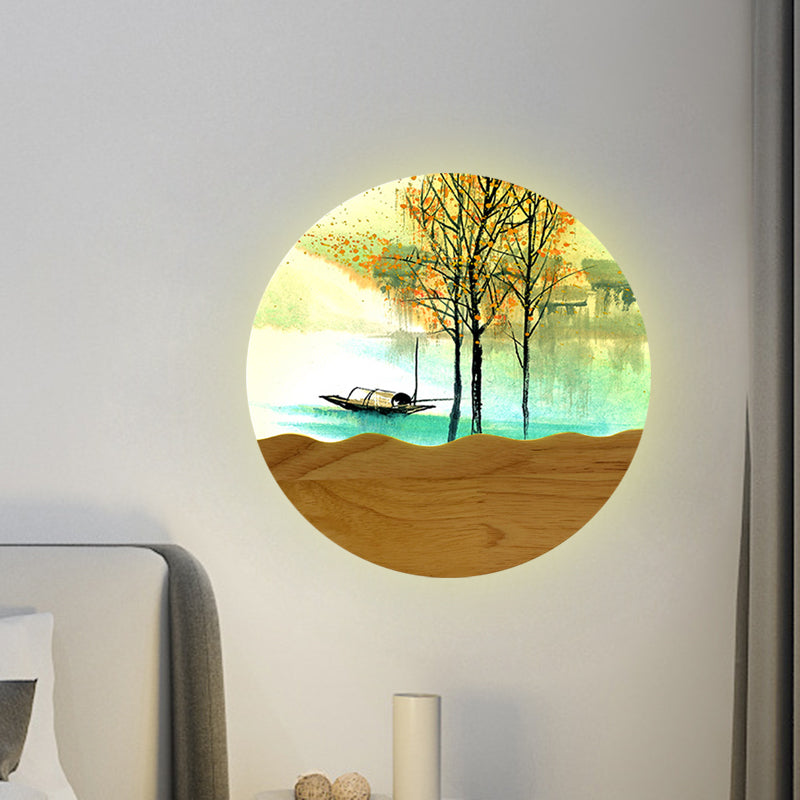 9.5"/11" Wide Metal Round Wall Mural Light Asia Style LED Wood Wall Mounted Lighting with Boat and Tree Pattern