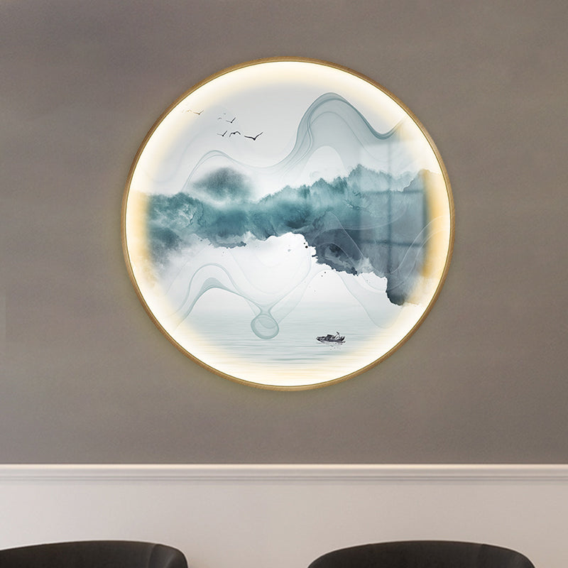 Montaña circular de oro y lago Mural Luz Mural LED chino Idea de iluminación de pared metálica
