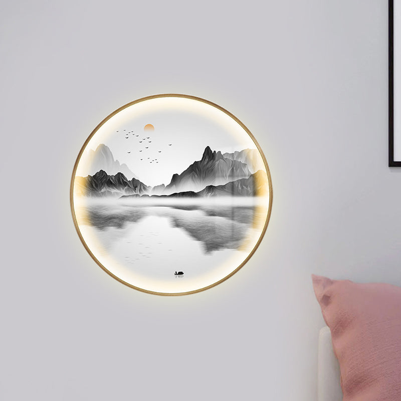 Asia Style Round Metal Wall Mounted Lamp LED Wall Mural Light in Gold with River and Mountain Pattern