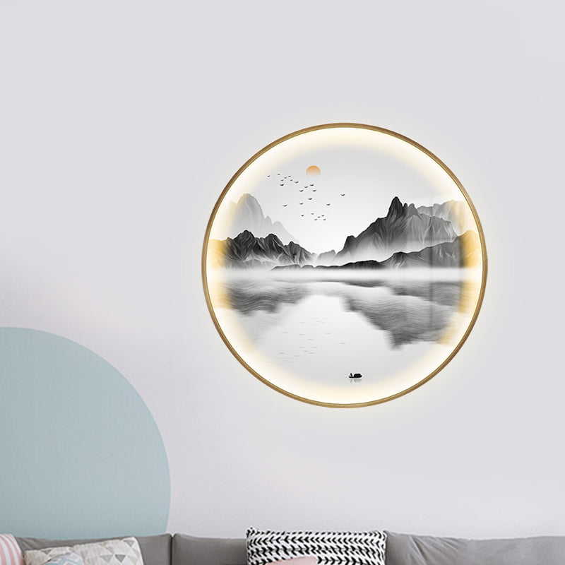 Asia Style Round Metal Wall Mounted Lamp LED Wall Mural Light in Gold with River and Mountain Pattern