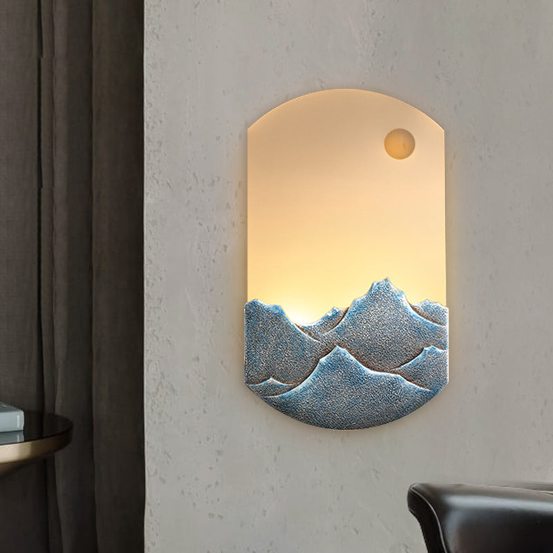 Silver/Brown Oval Wall Mural Light Chinese Style LED Acrylic Wall Mounted Lighting with Mountain Pattern for Bedroom
