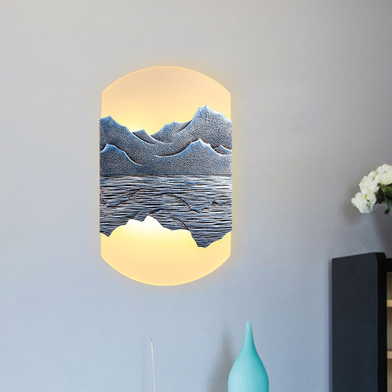 Fan/Oval Corridor Mountain Wall Mural Light Acrylic LED Oriental Style Wall Mount Light Fixture in Silver/Brown