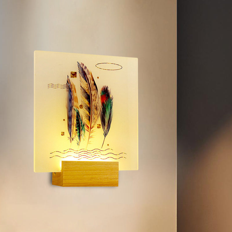 Wood Square Shaped Feather Wall Lamp Asia Style LED Acrylic Wall Mural Light for Living Room