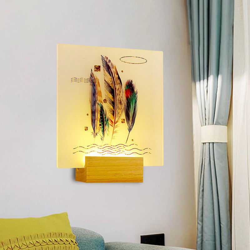 Wood Square Shaped Feather Wall Lamp Asia Style LED Acrylic Wall Mural Light for Living Room