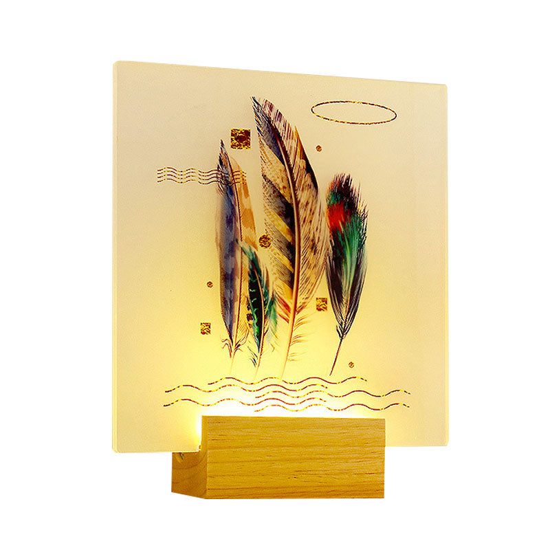 Wood Square Shaped Feather Wall Lamp Asia Style LED Acrylic Wall Mural Light for Living Room