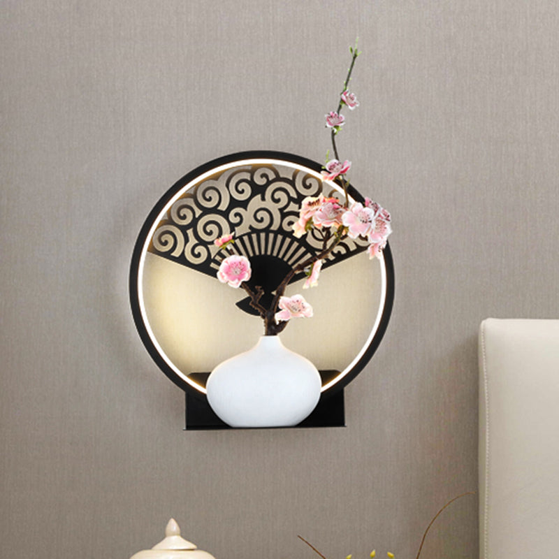 Rounded Metallic Wall Mural Lamp Oriental LED Black Wall Mounted Light Fixture with Fan and Plum Pattern, Warm/White Light