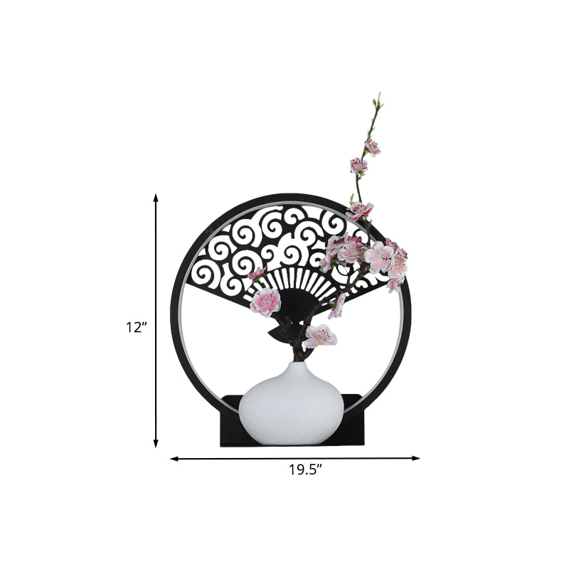Rounded Metallic Wall Mural Lamp Oriental LED Black Wall Mounted Light Fixture with Fan and Plum Pattern, Warm/White Light