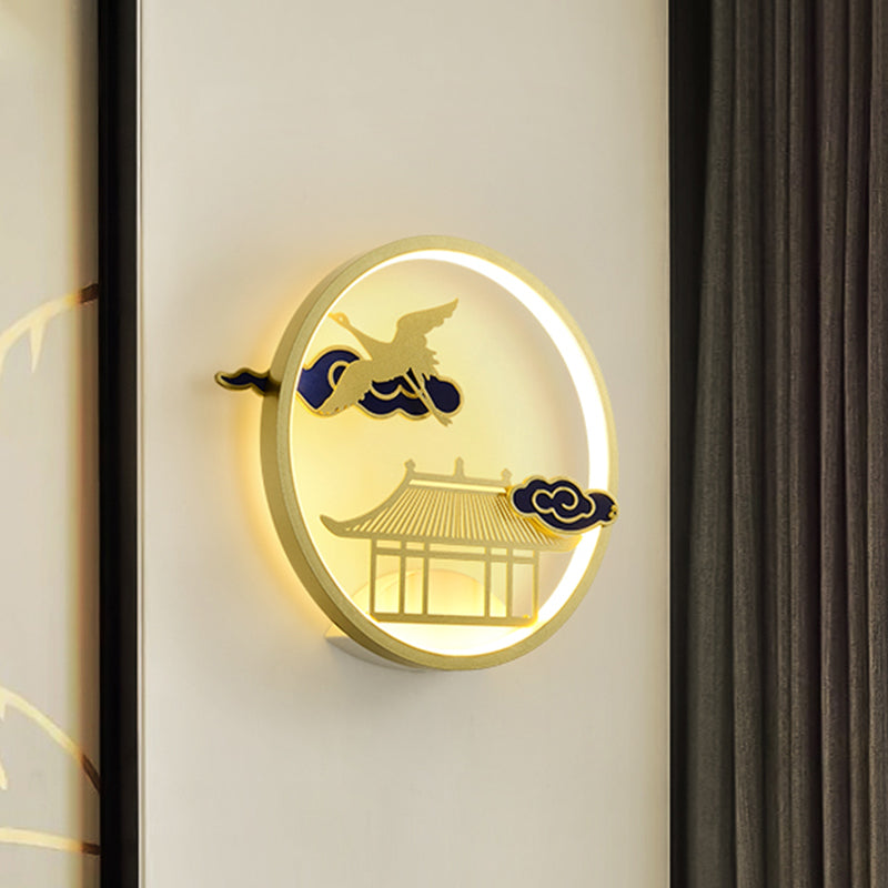 Circular Crane and House Wall Lighting Asia Style Metallic LED Hallway Wall Mural Light in Gold