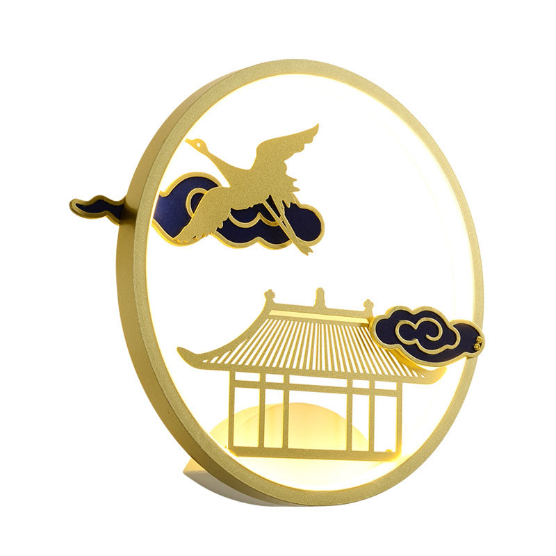 Circular Crane and House Wall Lighting Asia Style Metallic LED Hallway Wall Mural Light in Gold
