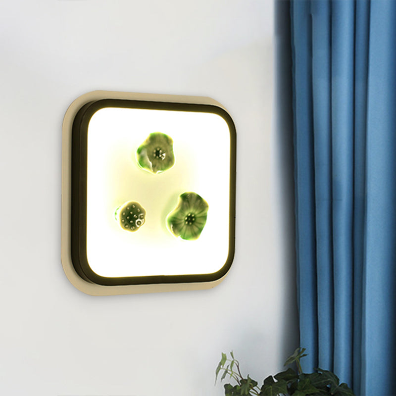 White and Black Square Lotus Wall Mural Lamp Chinese Style LED Porcelain Wall Mount Light Fixture