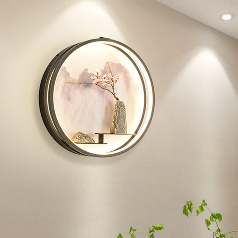 Oriental Rounded Metal Wall Mounted Light LED Wall Mural Lamp in Black with Mountain and Flower Pattern