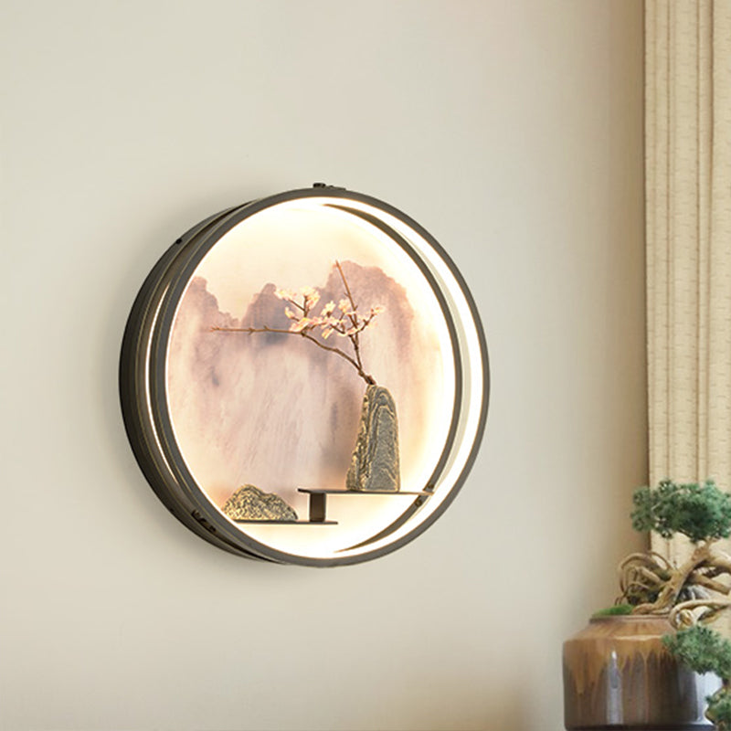 Oriental Rounded Metal Wall Mounted Light LED Wall Mural Lamp in Black with Mountain and Flower Pattern