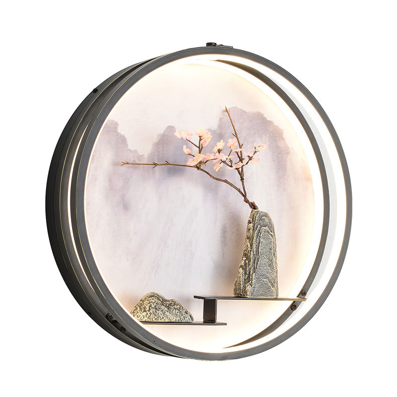 Oriental Rounded Metal Wall Mounted Light LED Wall Mural Lamp in Black with Mountain and Flower Pattern