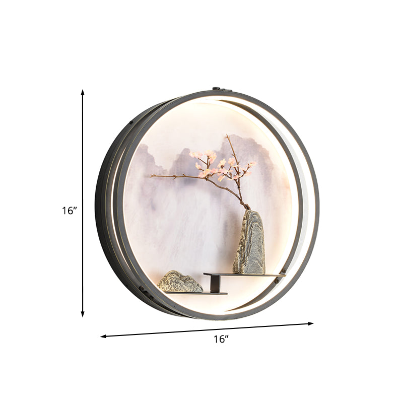 Oriental Rounded Metal Wall Mounted Light LED Wall Mural Lamp in Black with Mountain and Flower Pattern
