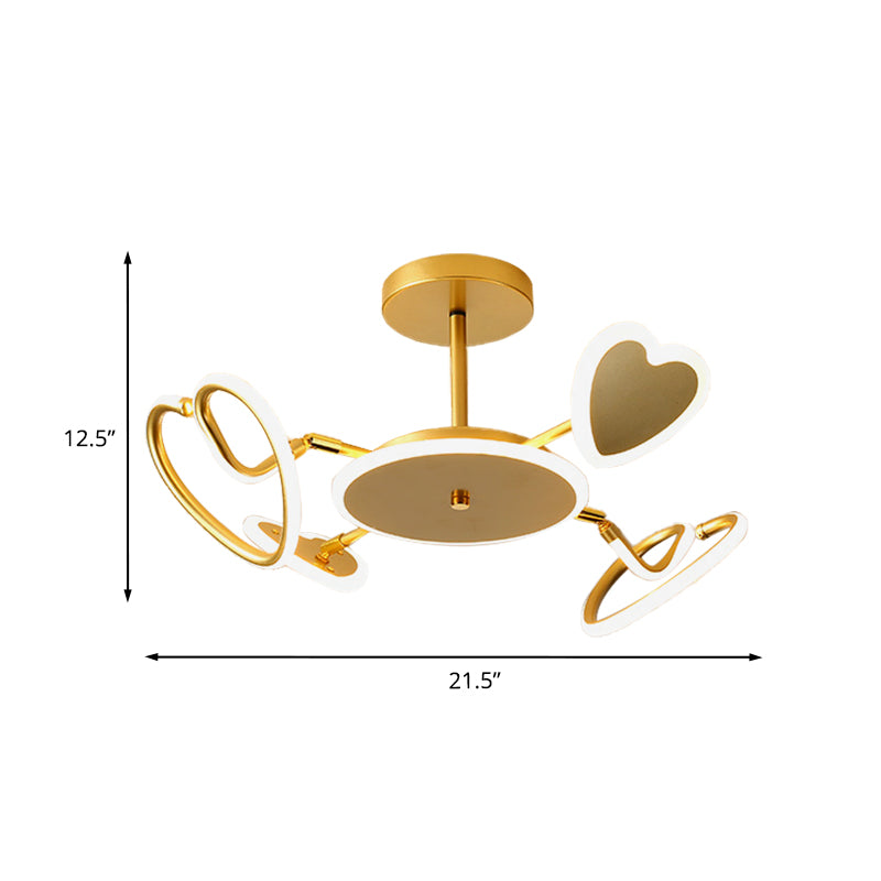 Metallic Loving Heart Semi-Flush Ceiling Light Nordic LED Gold Flush Mounted Lamp Fixture