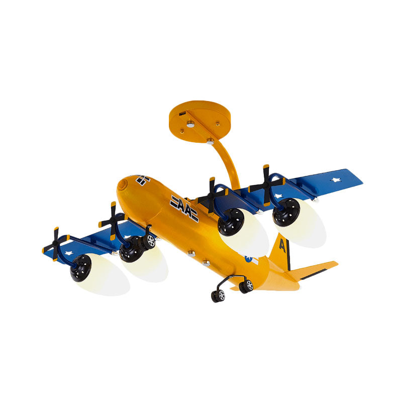 Airplane Kids Room Semi Flush Light Metallic 4 Lights Cartoon Flush Mount with Bullet Opal Glass Shade in Blue/Yellow
