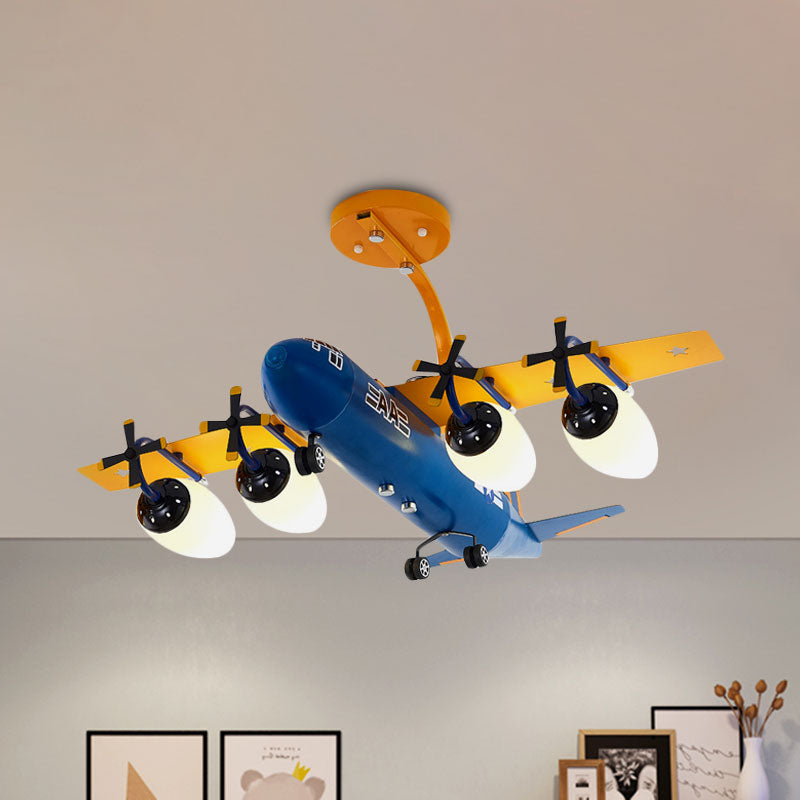 Airplane Kids Room Semi Flush Light Metallic 4 Lights Cartoon Flush Mount with Bullet Opal Glass Shade in Blue/Yellow