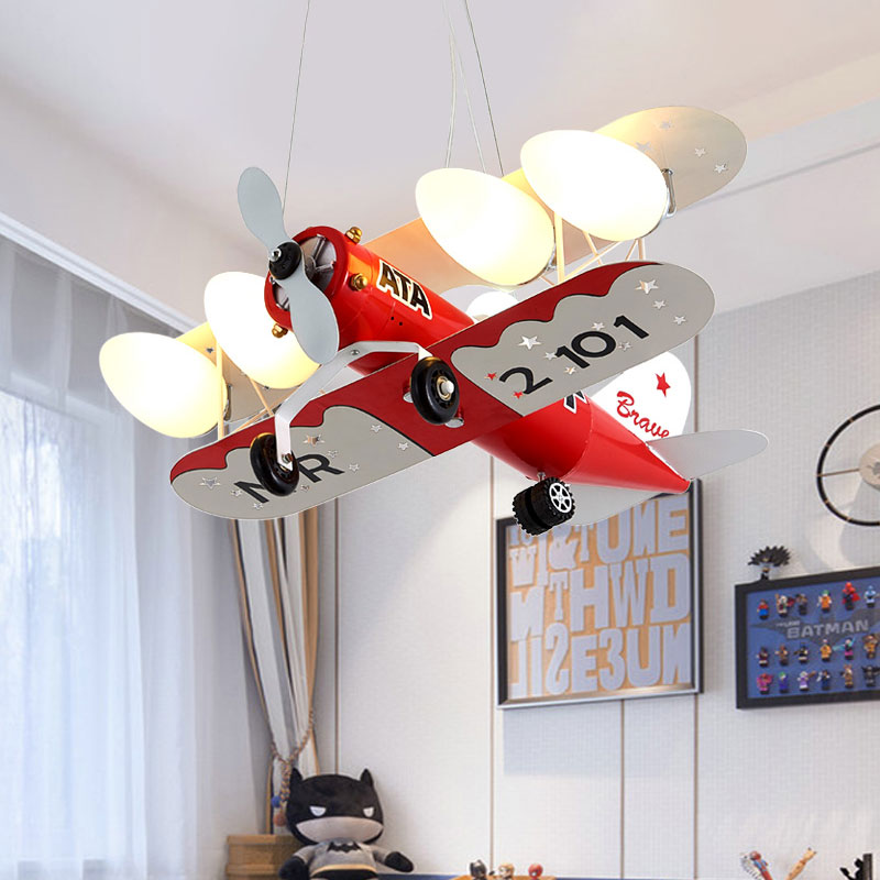 Frosted glazen kogelvorm Kroonluchter lichte cartoon 4-licht rode afwerking plafond hanglamp