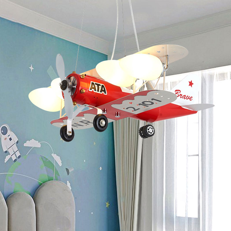 Frosted Glass Bullet Shape Chandelier Light Cartoon 4-Light Red Finish Ceiling Pendant Lamp