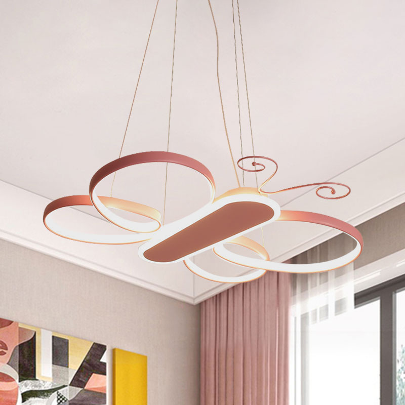 Cartoon Butterfly Frame Suspension Light Acrylic Kids Bedroom LED Chandelier Pendant Lamp in Gold/Pink