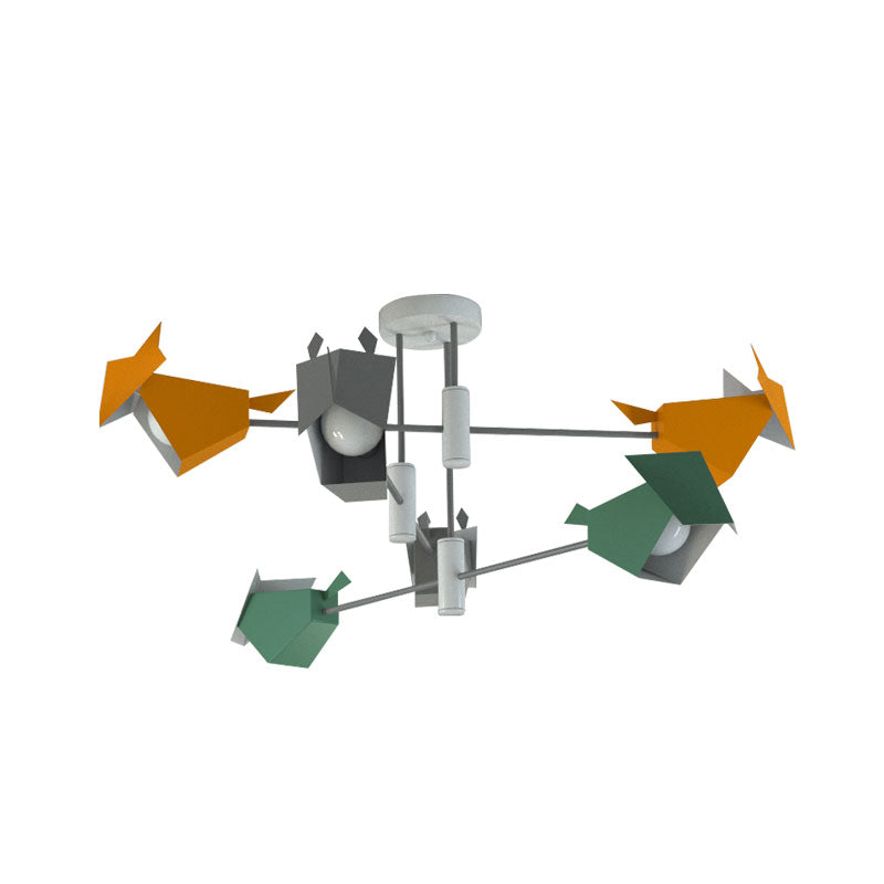 Metal Bird-Like Semi Flush Light Fixture Cartoon 6 Lights Grey-Yellow-Green Ceiling Mounted Lamp