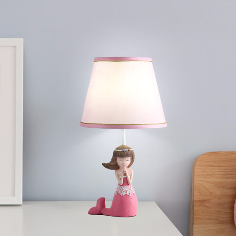 Cartoon Single Desk Light with Barrel Shade Fabric Pink Finish Girl Night Table Lamp