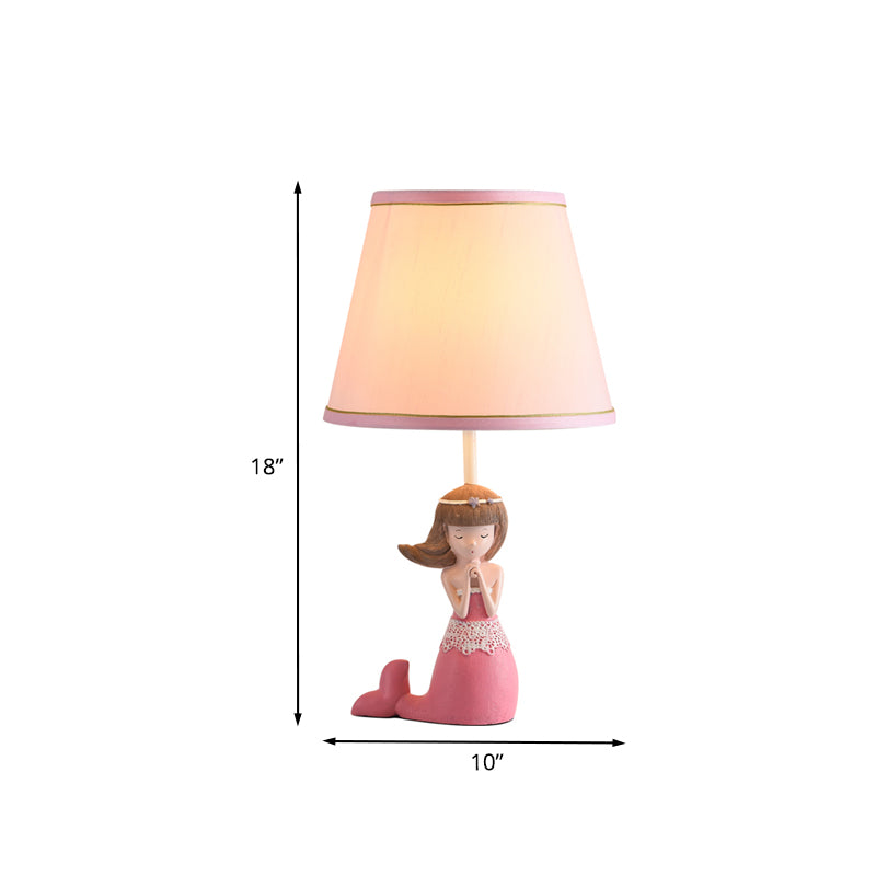 Cartoon Single Desk Light with Barrel Shade Fabric Pink Finish Girl Night Table Lamp