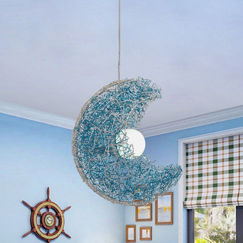 Blue Finish Moon Shaped Suspension Light Nordic Style 1 Bulb Metal Wire Pendulum Lamp