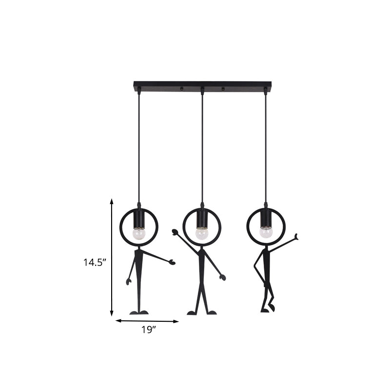 Human-Like Iron Multi Light Pendant with Bare Bulb Design Creative 3-Head Black Suspension Lamp