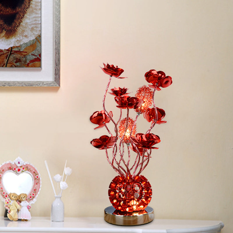 Lampada da notte decorativa globale Lampada da scrivania a LED in alluminio con bastone curvo con decorazioni in rosa in rosso