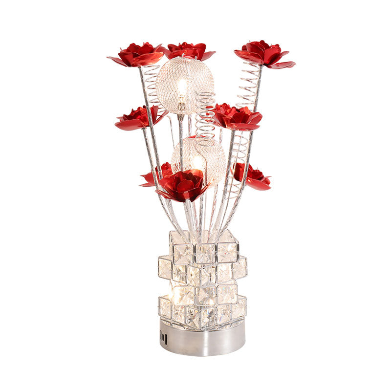 Lampada da tavolo floreale Art Decor Lampada da scrivania a LED in alluminio con base in blocco di cristallo in viola/rosso per comodino