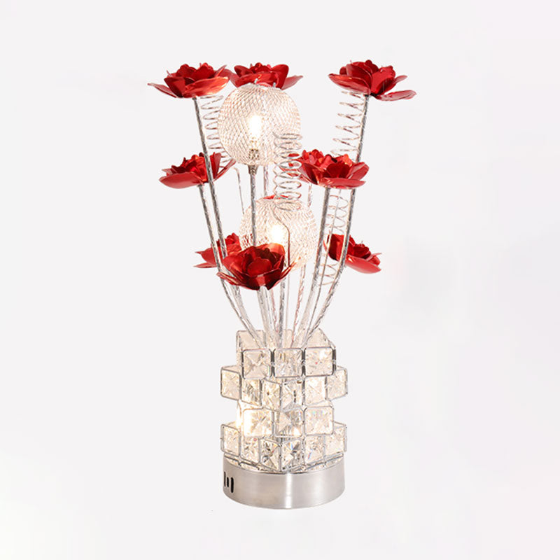 Lampada da tavolo floreale Art Decor Lampada da scrivania a LED in alluminio con base in blocco di cristallo in viola/rosso per comodino
