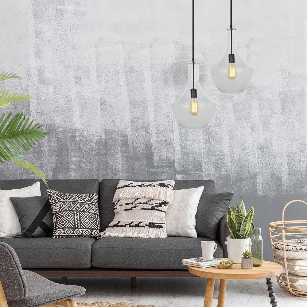 Lámpara colgante de vidrio transparente de 10.5 "/12"/14 "de ancho Lámpara de vidrio transparente 1 Luz de colgante colgante negro para sala de estar para sala de estar