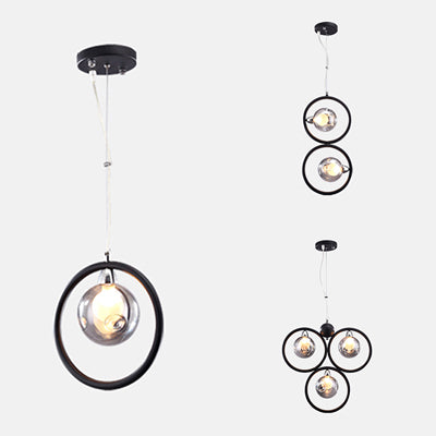 Iluminación colgante redonda de vidrio con piso con poca luz moderna 1/2/3 luces lámparas de techo colgantes de led en negro con anillo de hierro