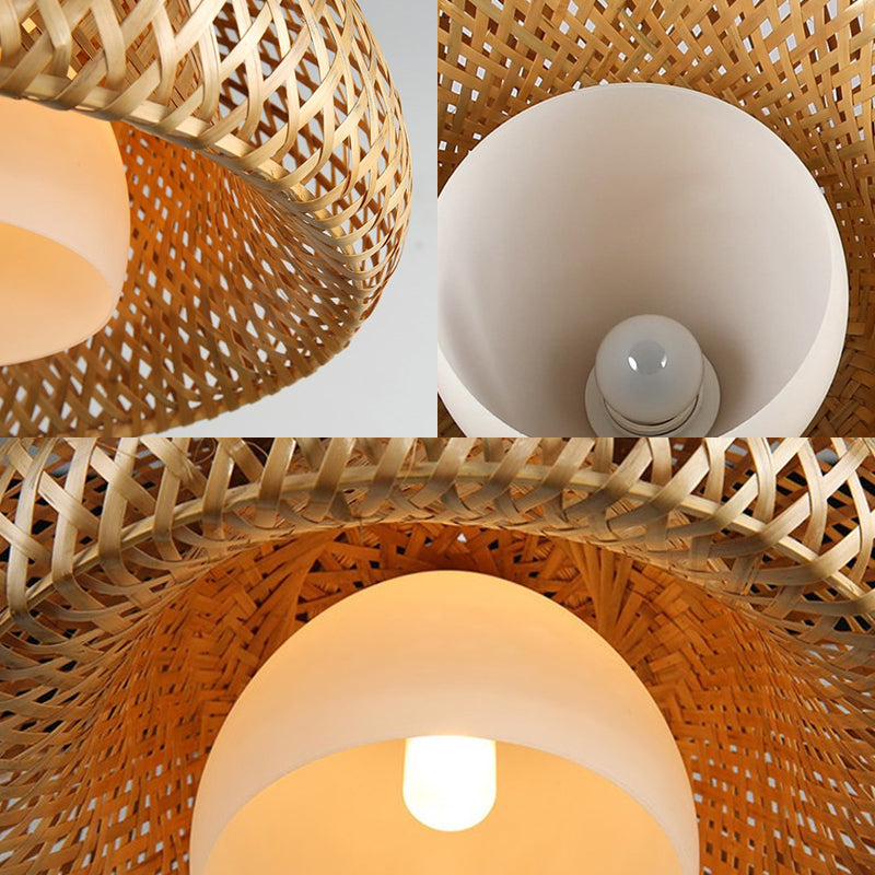 Double-Decker Dome Shade Hanging Pendant Rustic Bamboo 1 Light Hanging Lamp for Farmhouse Restaurant