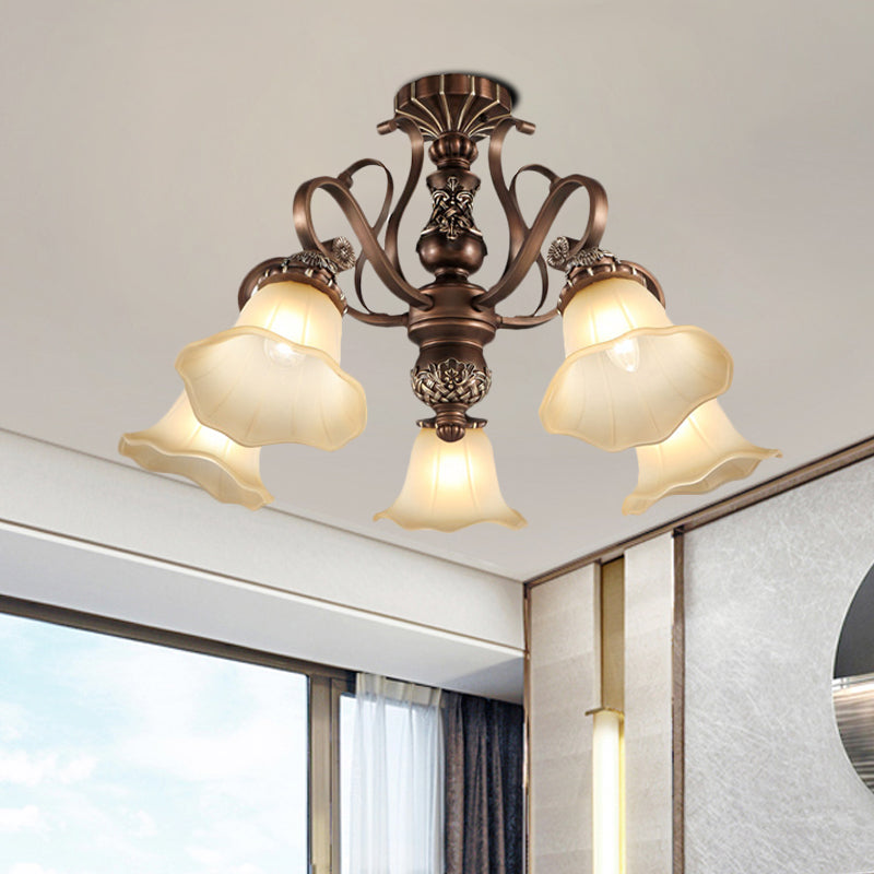 5/6/8 Lights Floral Shade Semi Flush Light Countryside Brown Opal Glass Close to Ceiling Lamp for Living Room