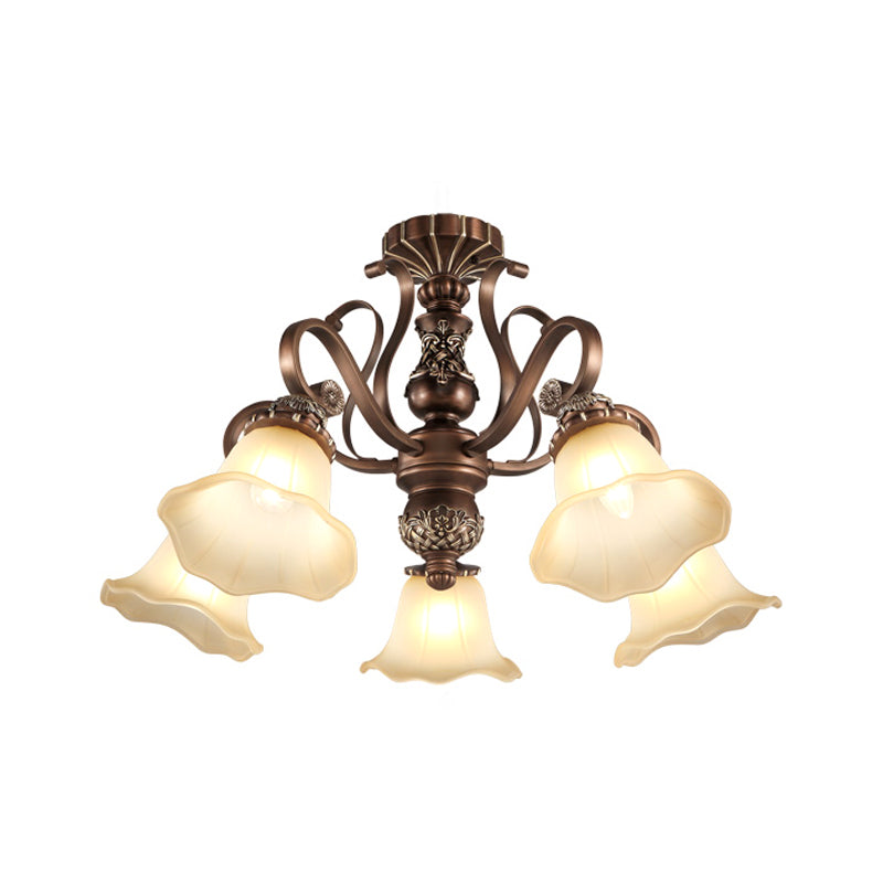 5/6/8 Lights Floral Shade Semi Flush Light Countryside Brown Opal Glass Close to Ceiling Lamp for Living Room