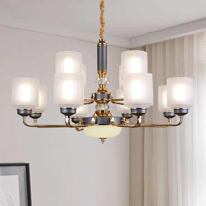 Null 6/8/12 Bulbs Chandelier Light Fixture Rural Cream Glass Cylindrical Pendulum Light for Bedroom